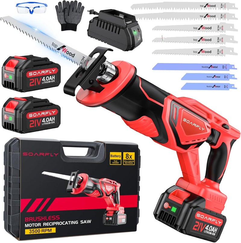 SOARFLY Cordless Reciprocating Saw 21V Brushless Motor with 2x4.0Ah Batteries, 3500 SPM High-Speed Cutting, 8 Premium Blades for Wood, Metal, PVC Pipe, Lightweight & Professional Power Tool - Image 1